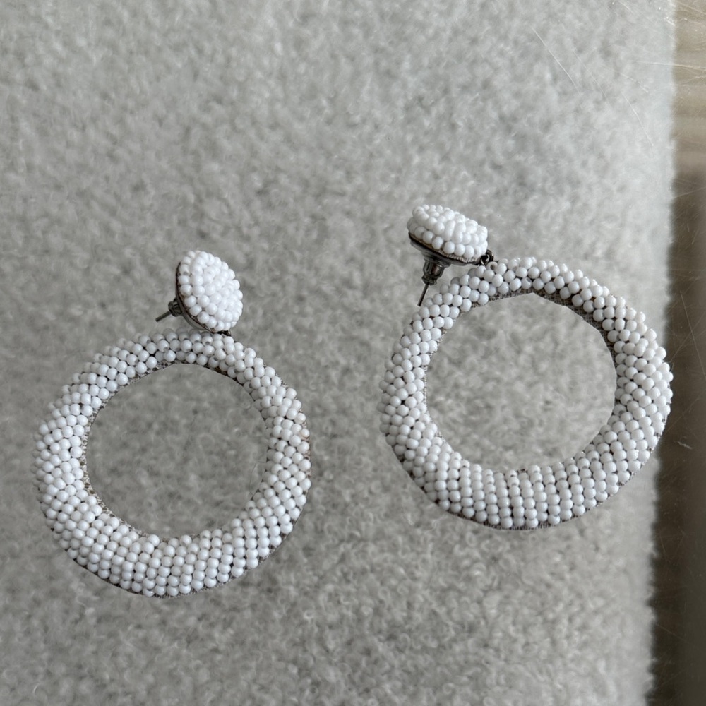 Elegant White Beaded Hoop Earrings